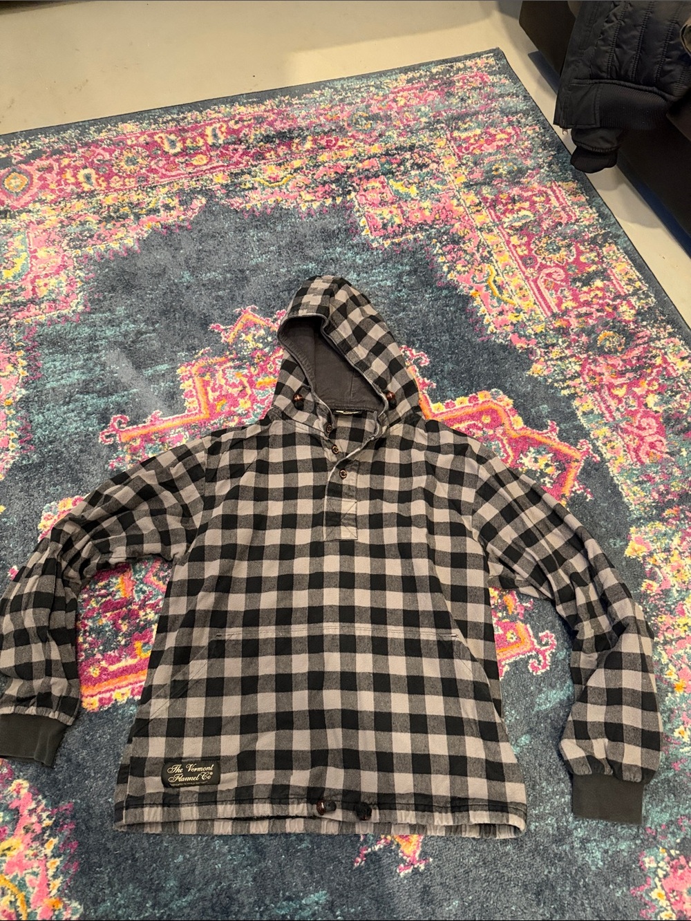 Men's Black & Gray Plaid Hooded Pullover Shirt with Henley Neck